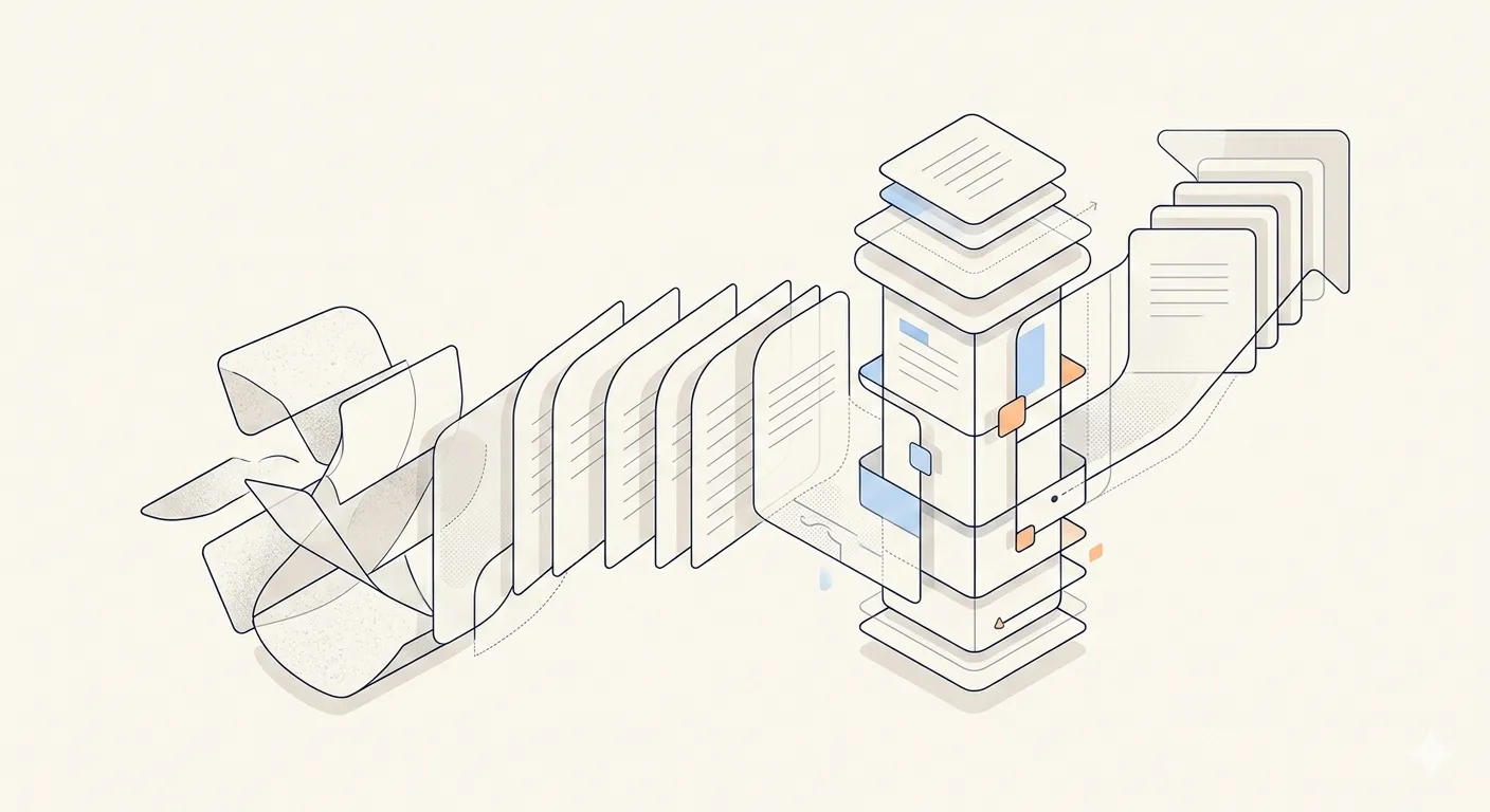 Abstract representation of documentation evolving through time while remaining structured and governed
