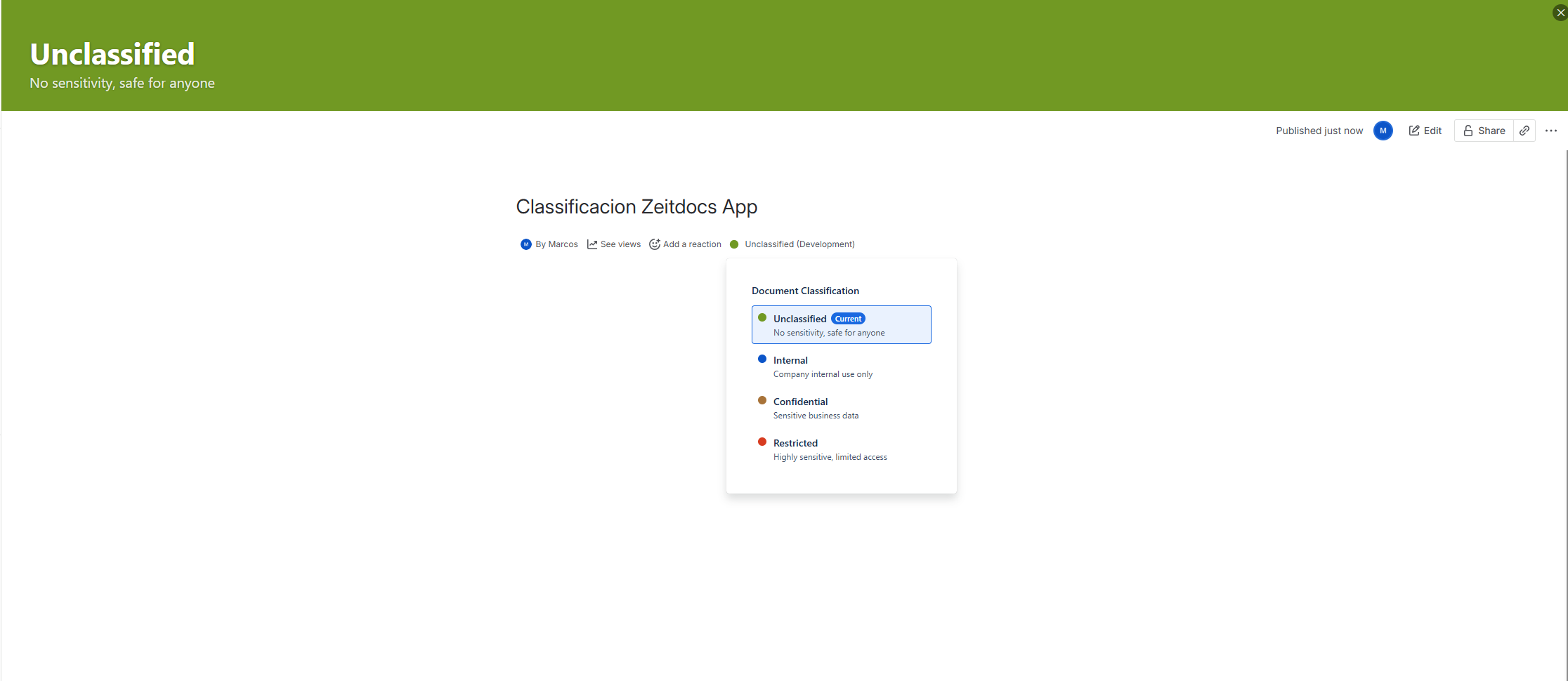 A Confluence page showing the Classify classification selection dialog open from the byline.