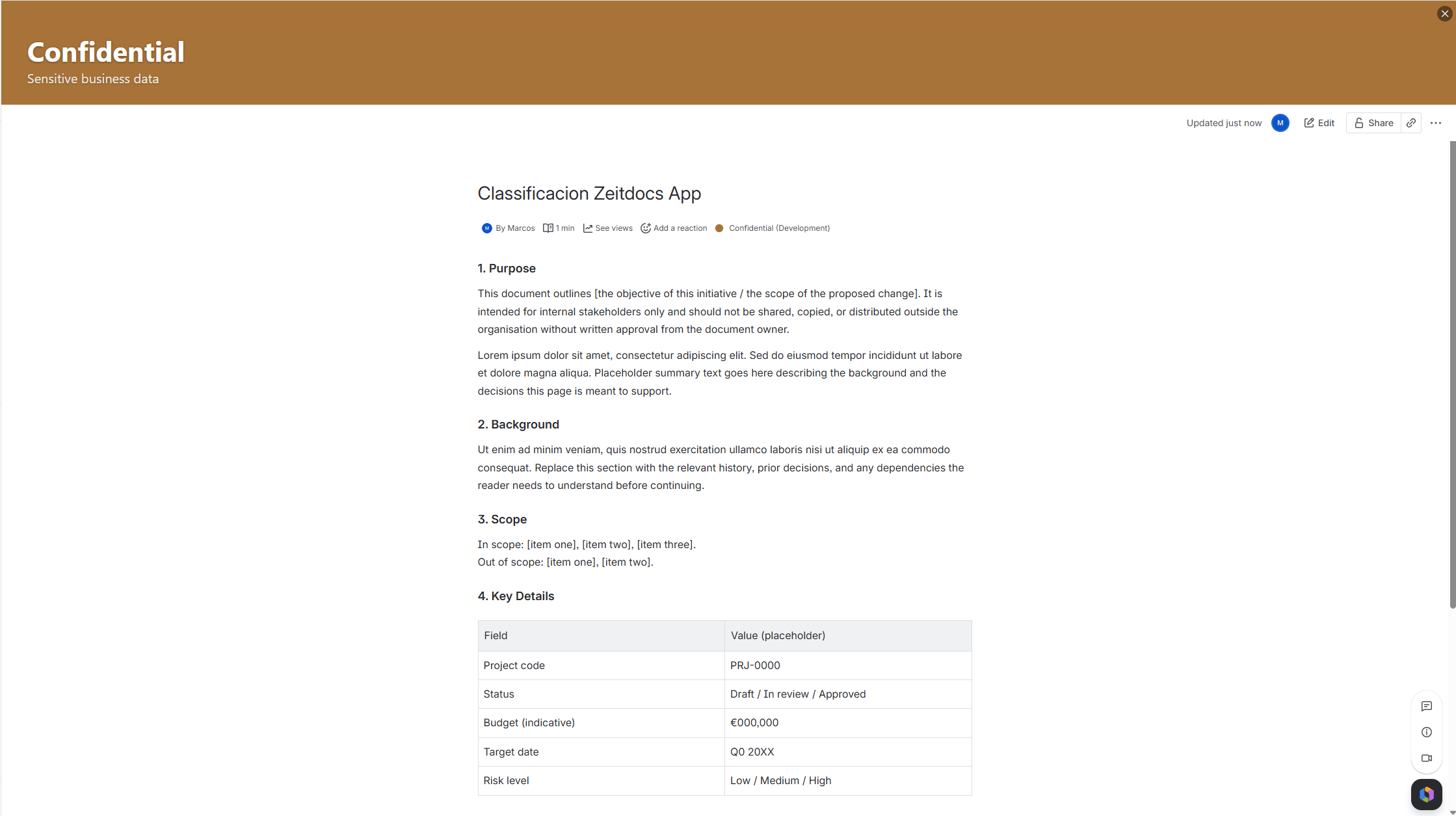 A Confluence page showing a visible classification banner at the top of the page.
