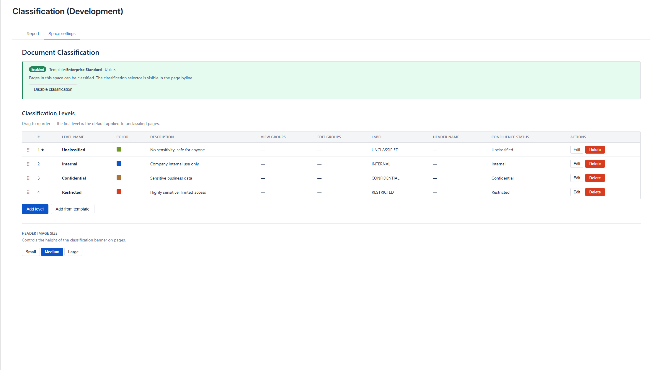 The Classify Space Settings page showing the enabled status, classification levels, and header image size.