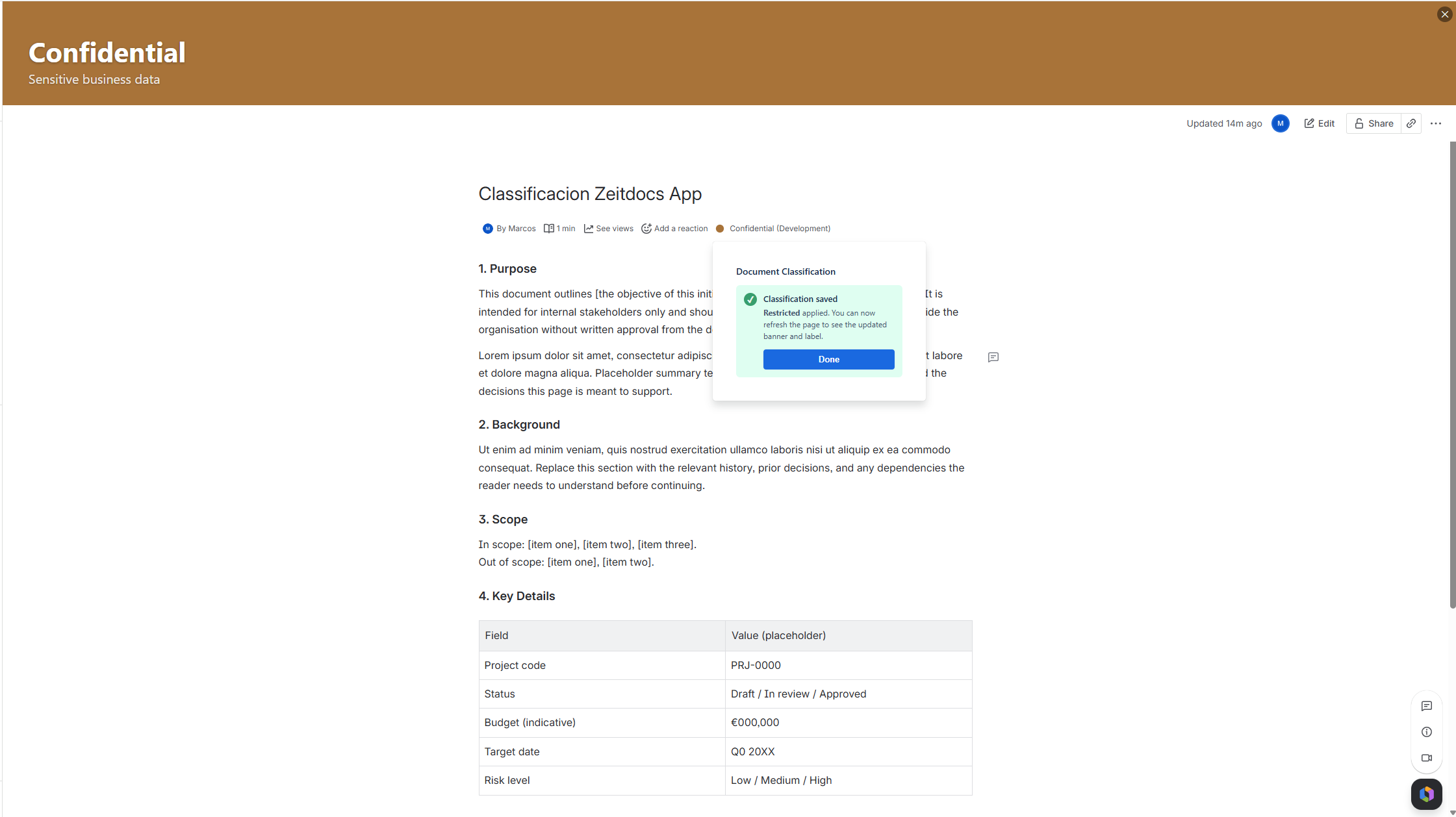 A Confluence page showing a visible Confidential or Internal classification banner in the page header.