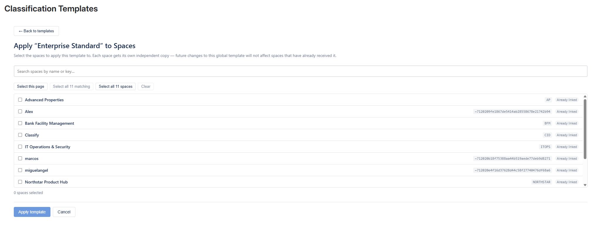 The Apply to Spaces screen showing a search box, buttons to select the page or all spaces, and a list of spaces with checkboxes, several marked Already linked.