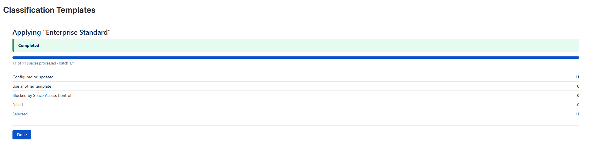 A completed rollout showing a Completed badge, a full progress bar, and the outcome counts: eleven spaces configured or updated and none skipped or failed.